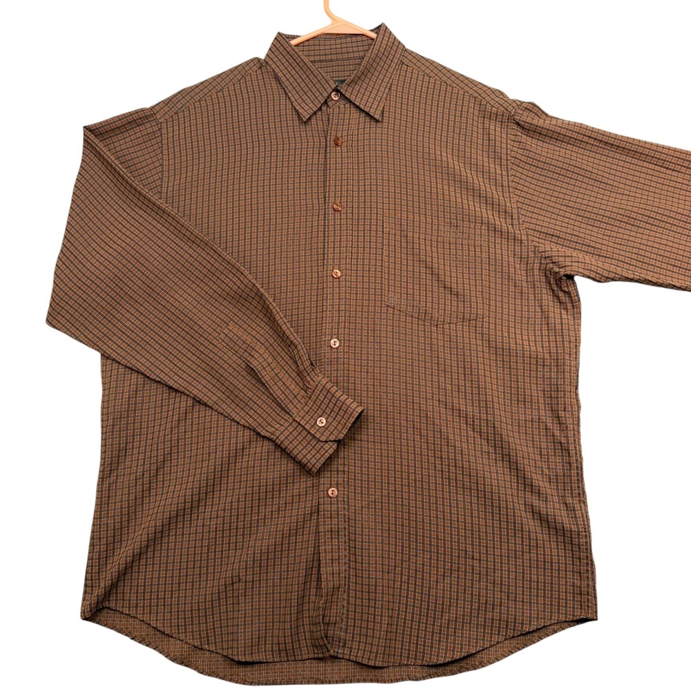 Bugatchi Button Front Shirt Mens L Brown Check Long Sleeve Hidden Collar